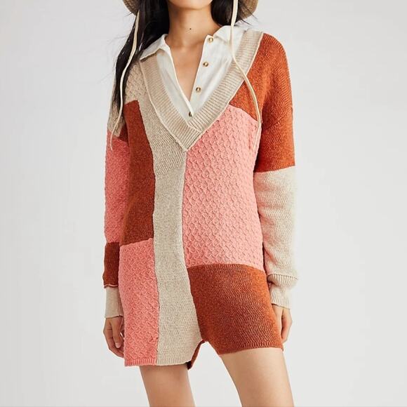 Free People Flyin' By Mix Stitch Sweater Romper Colorblock Size Medium NWOT - Picture 1 of 10
